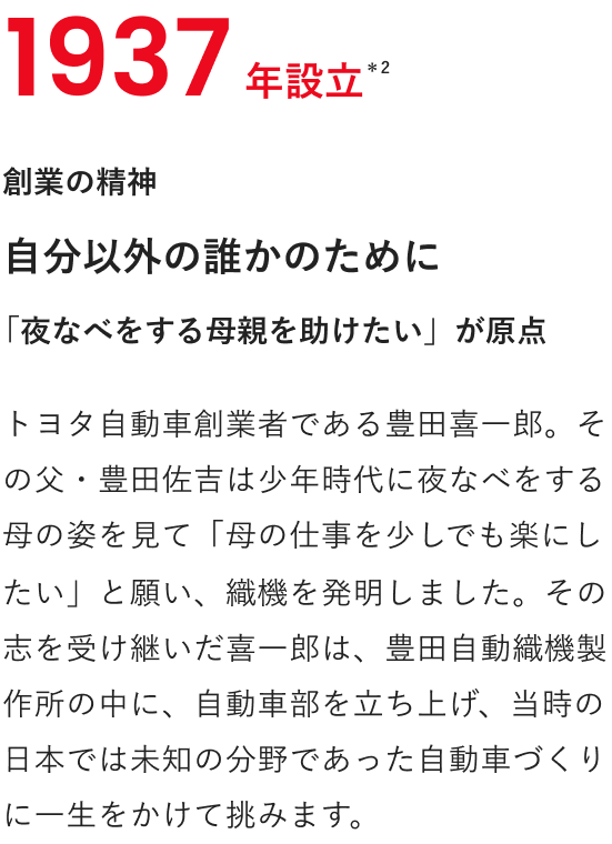 1937年設立 ＊2 創業の精神 自分以外の誰かのために「夜なべをする母親を助けたい」が原点 トヨタ自動車創業者である豊田喜一郎。その父・豊田佐吉は少年時代に夜なべをする母の姿を見て「母の仕事を少しでも楽にしたい」と願い、織機を発明しました。その志を受け継いだ喜一郎は、豊田自動織機製作所の中に、自動車部を立ち上げ、当時の日本では未知の分野であった自動車づくりに一生をかけて挑みます。